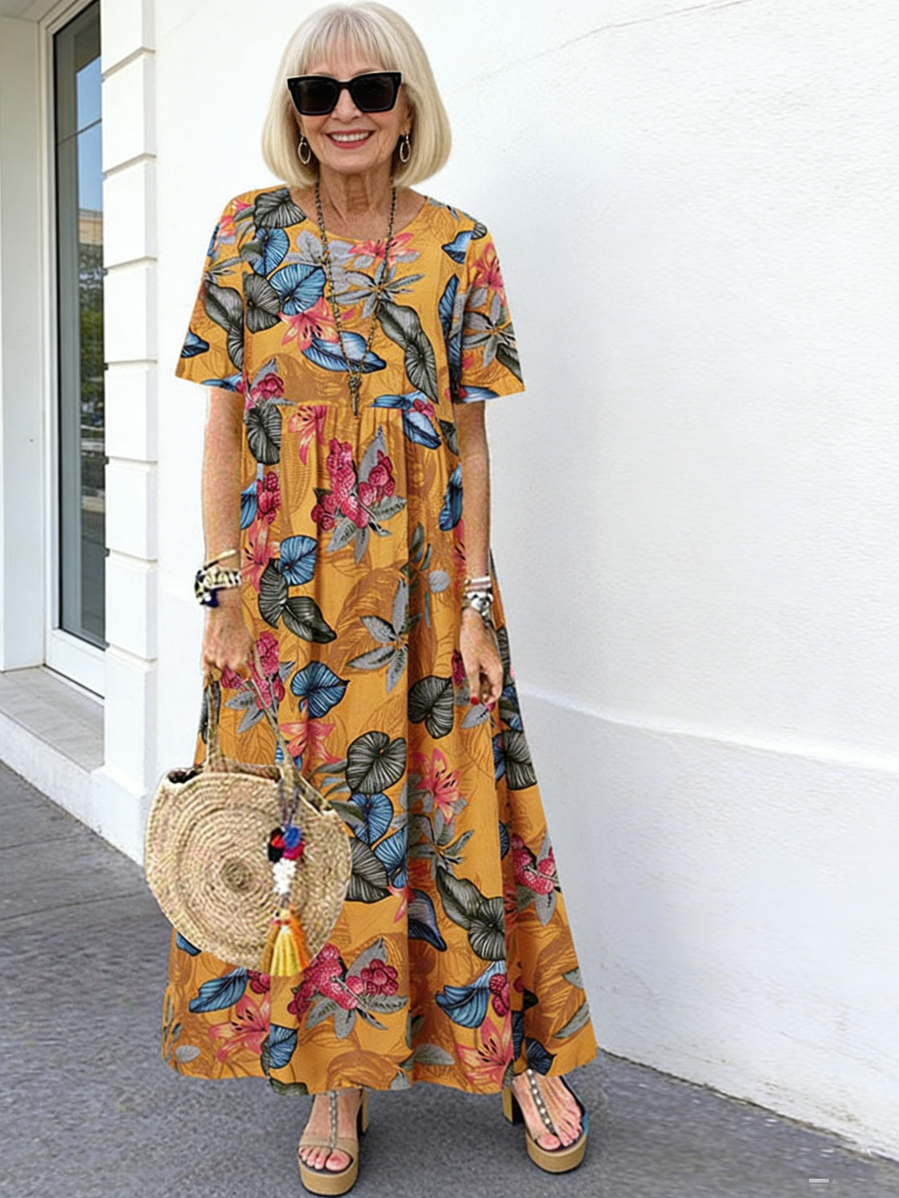 Long Dress Xun Crew Neck Casual Women's Retro Floral Print Loose Short Sleeves