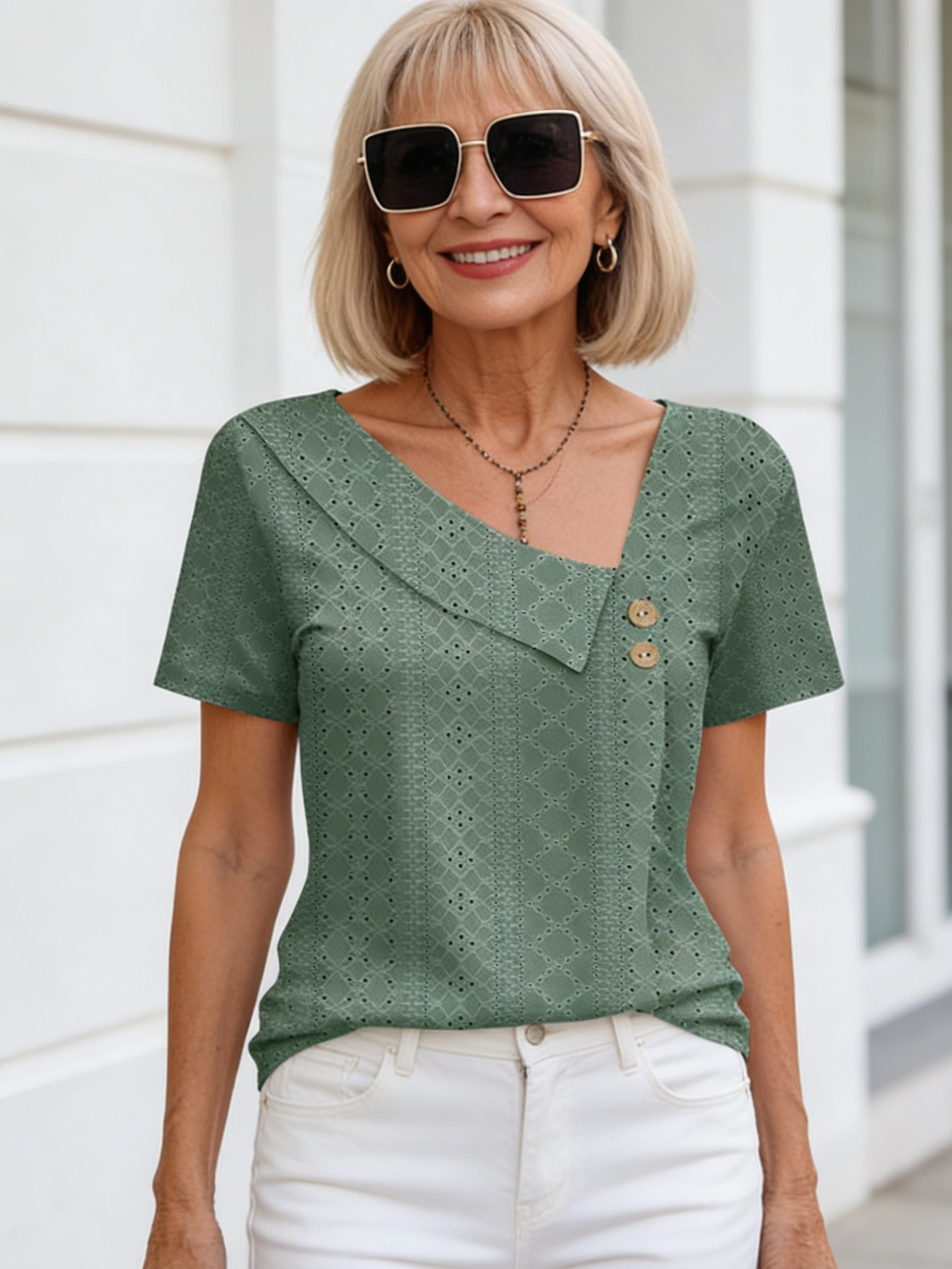 Textured Fabric Collar Button Solid Color Hollow Short Sleeve Women's Top T-Shirt Short
