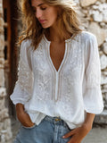 Vintage White Cherry Blossom Art Embroidery Cotton Linen V-neck Long Sleeve Top