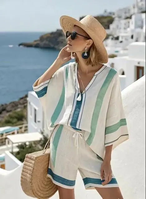 Women's Resort Loose Striped Shorts Set