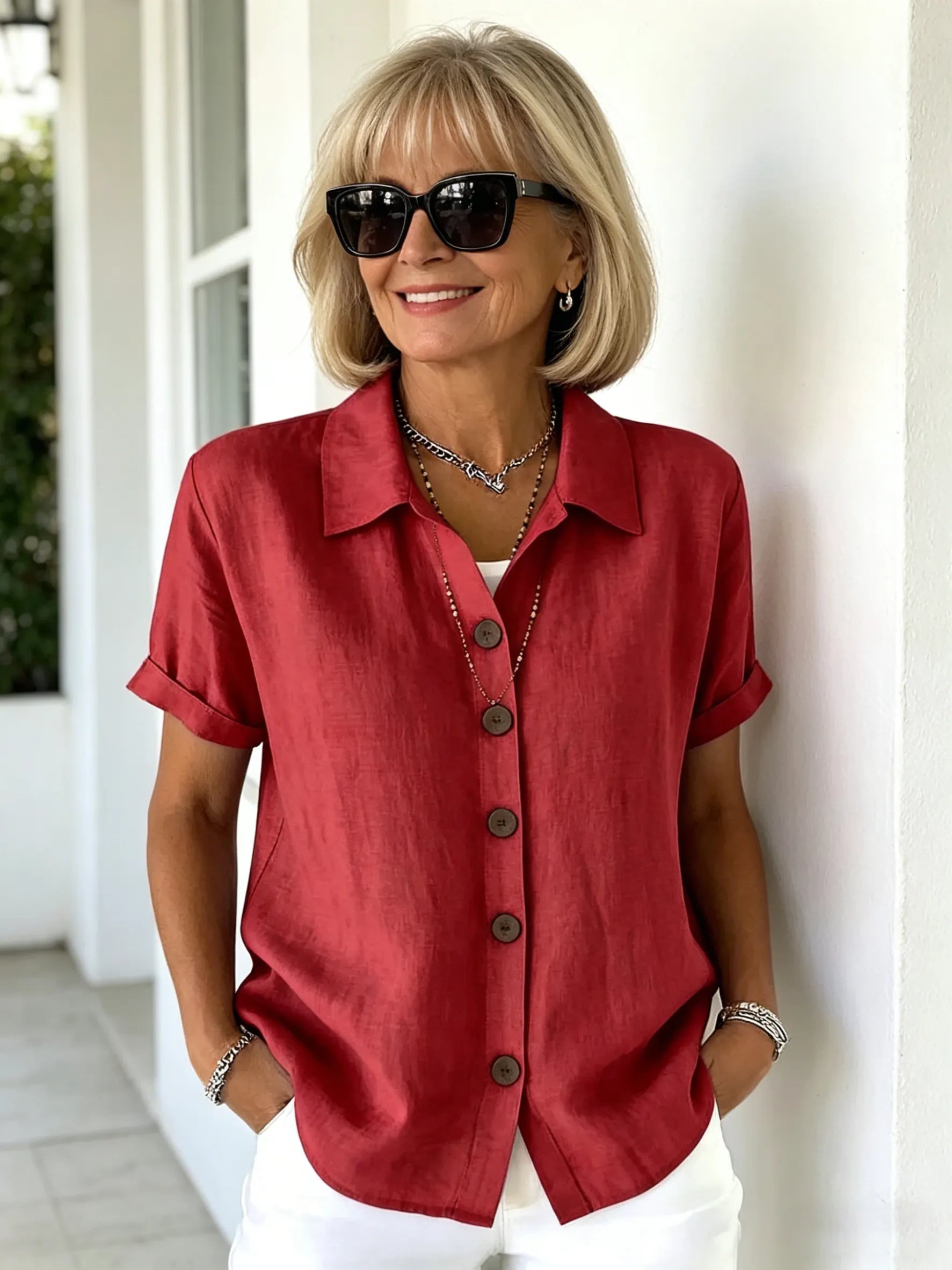 Casual Comfortable Button Cotton and Linen Women's Short Sleeve Shirt