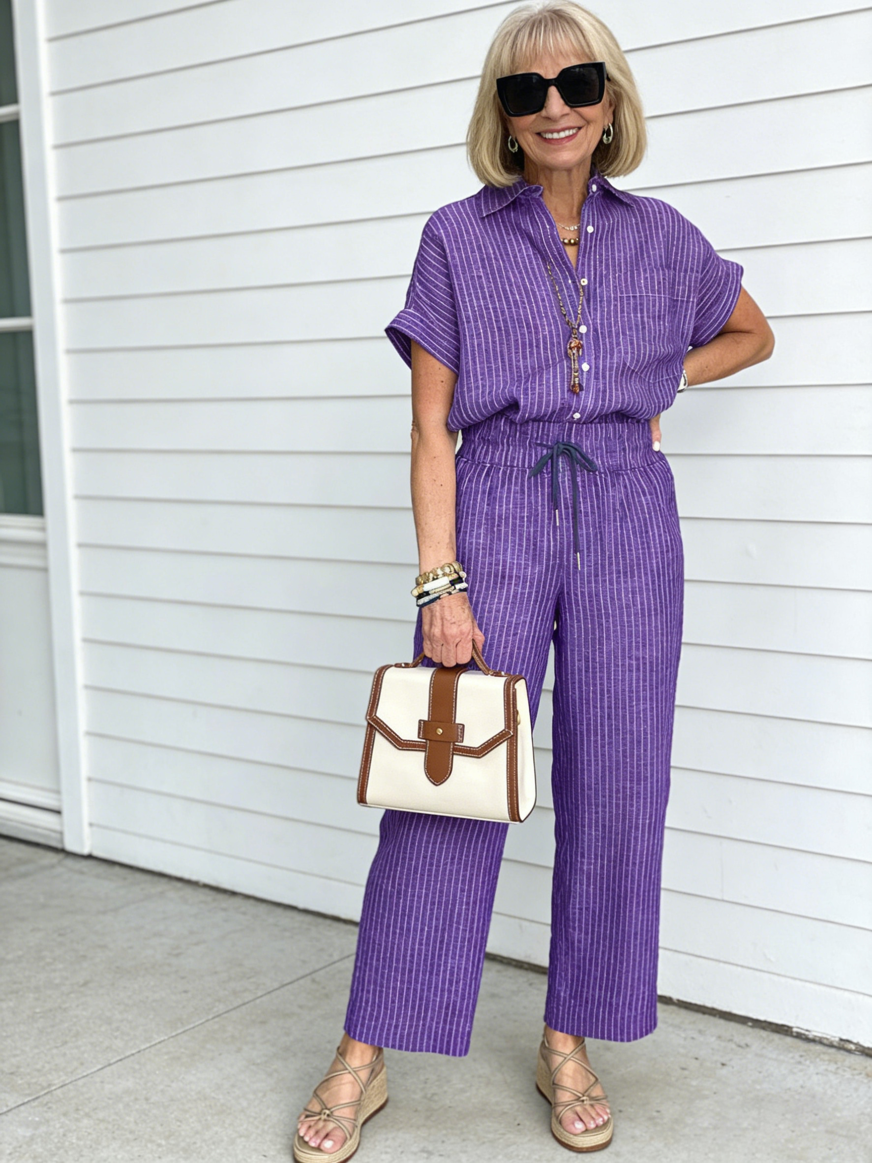 2Pcs Plus Size Cotton and Linen Striped Suit Lapel Short Sleeve Straight Trousers