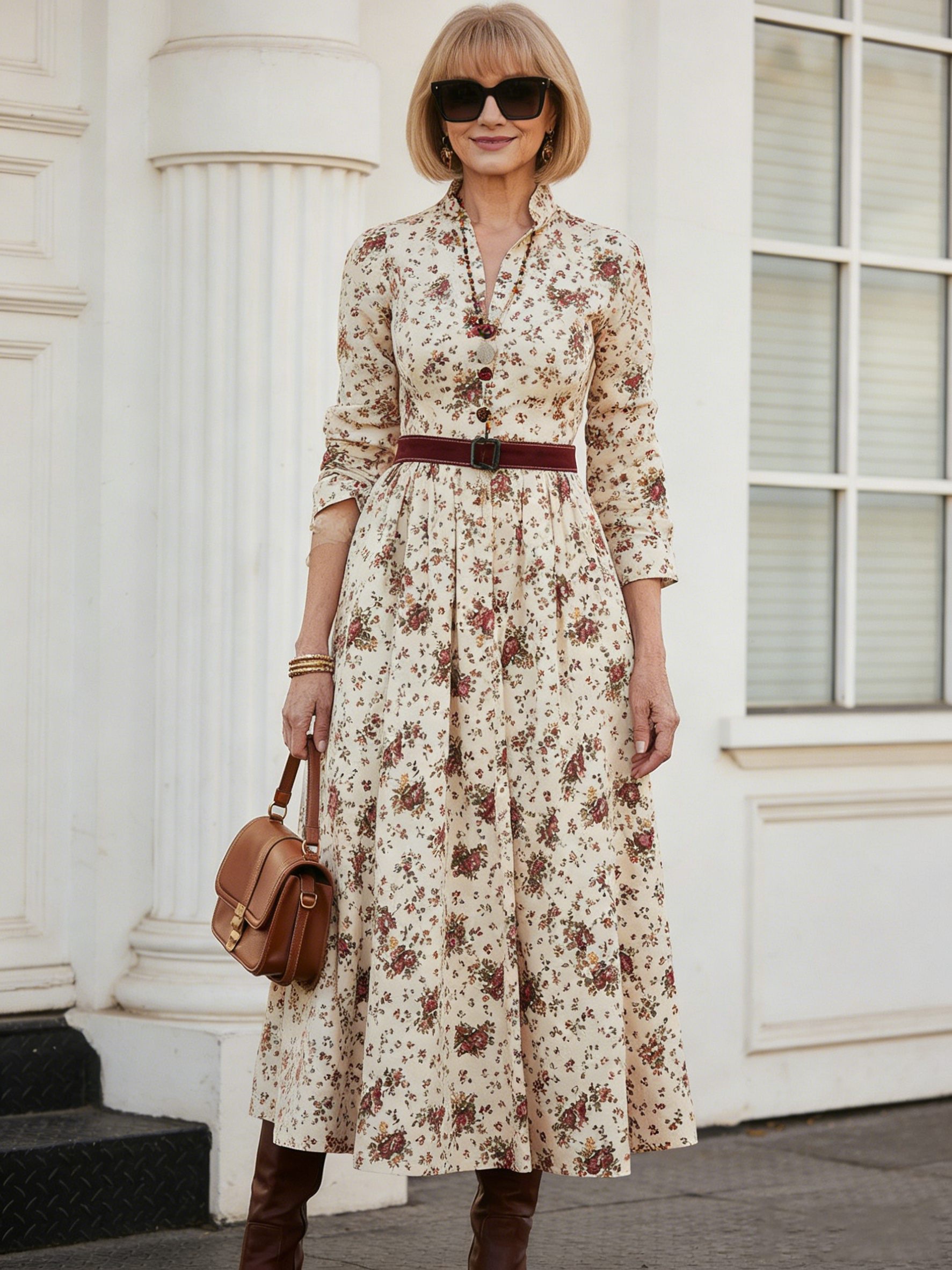 Printed V-neck Waist Long Sleeve A Pendulum Women's Dress Long Dress Literary Retro Fashion Elegant