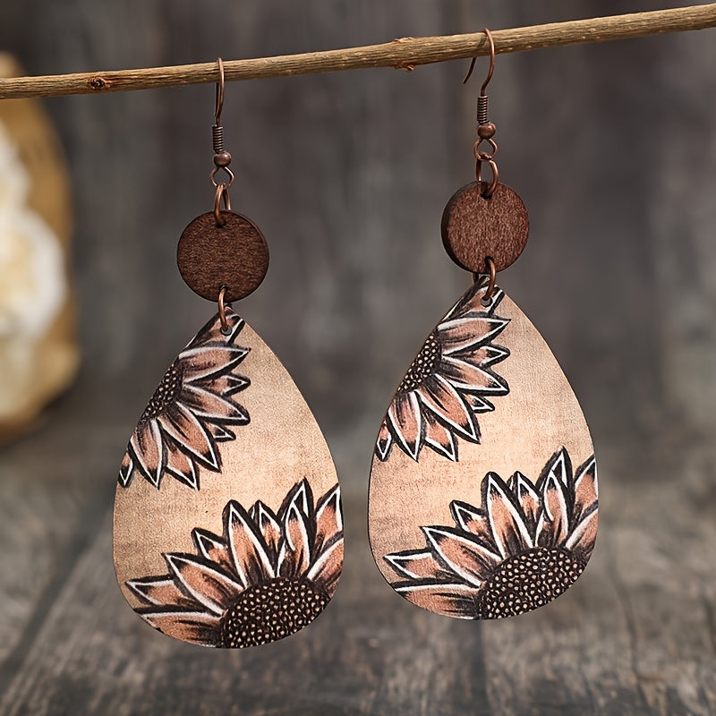 Unique Droplet Shape Wooden Dangle Earrings - Retro Bohemian Style, Sunflower Print, Trendy Female Ear Ornaments with Natural Wood Grain and Hypoallergenic Posts for Sensitive Skin - Perfect for Everyday Wear and Gift Giving
