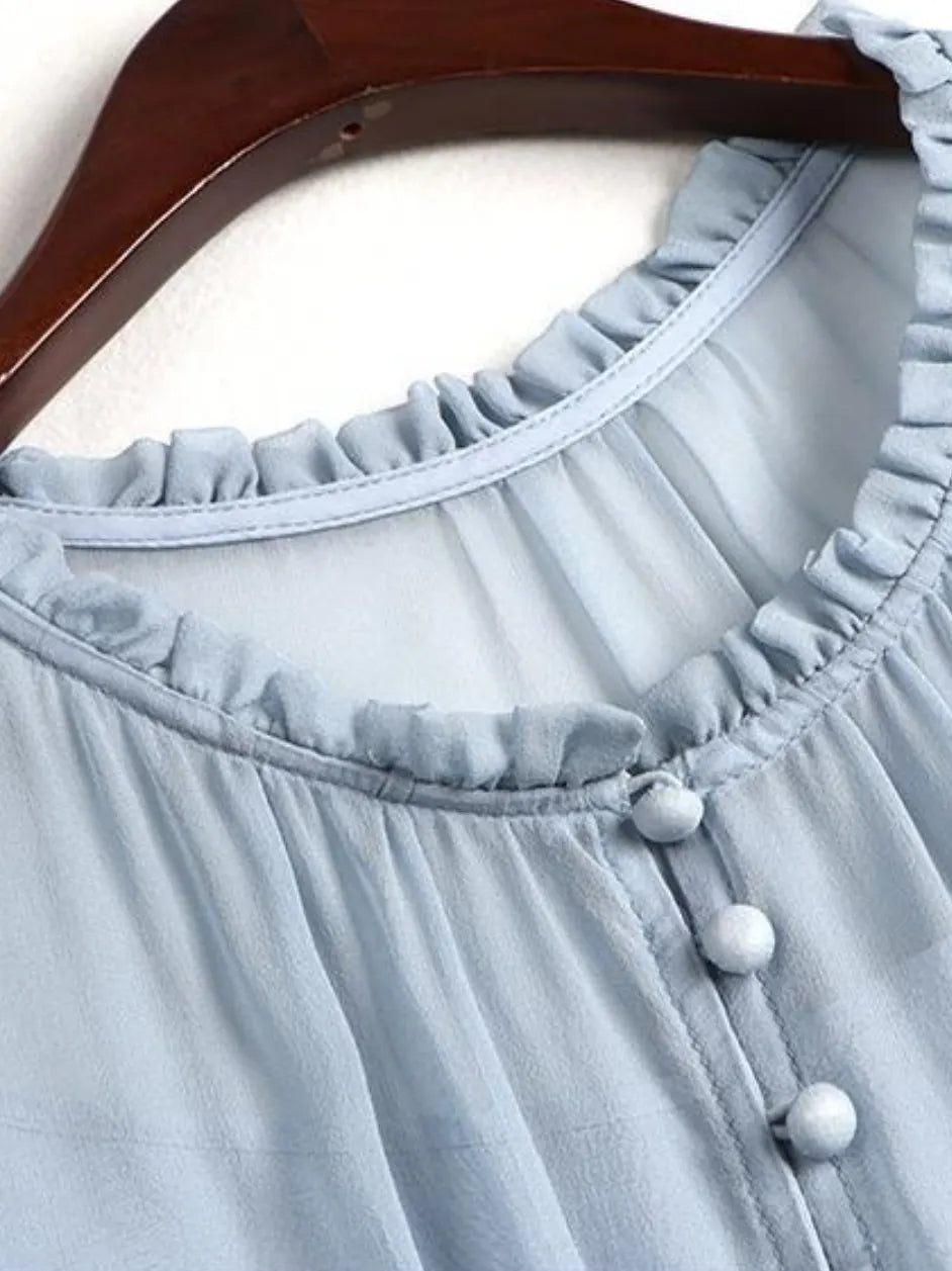 Light Blue Tiered Ruffle Chiffon Midi Dress, Round Neck Flutter Short Sleeve Loose Plus Size Elegant Women Dress