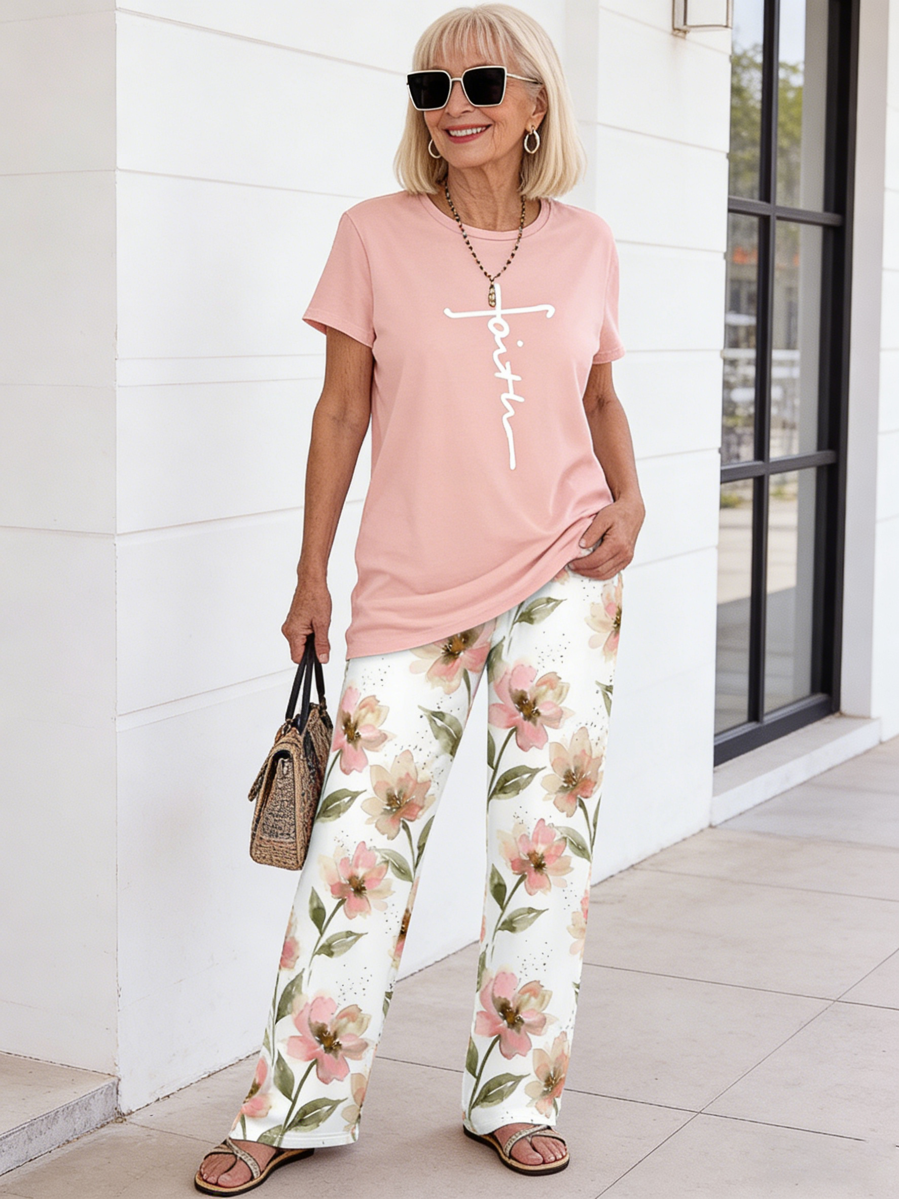 2Pcs Crew Neck Short Sleeve Casual Striped Printed Wide Leg Pants Two-piece Trousers Set