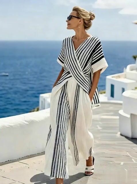 Women'S Casual Crossover Top And Wide-Leg Pants Set