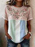 Women's Bohemian-style Striped Shirt With Rose Embroidery And Lace Trim (crew Neck)