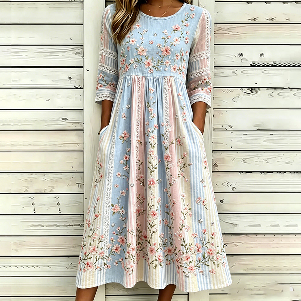 Women's Pink Floral Art Embroidery Striped Spliced Comfortable Cotton Linen Refreshing Round Neck Dress