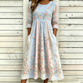 Women's Pink Floral Art Embroidery Striped Spliced Comfortable Cotton Linen Refreshing Round Neck Dress
