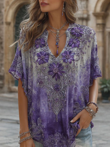 Women's Retro Floral Art Rhinestone Embroidery Casual Cotton Linen T-shirt