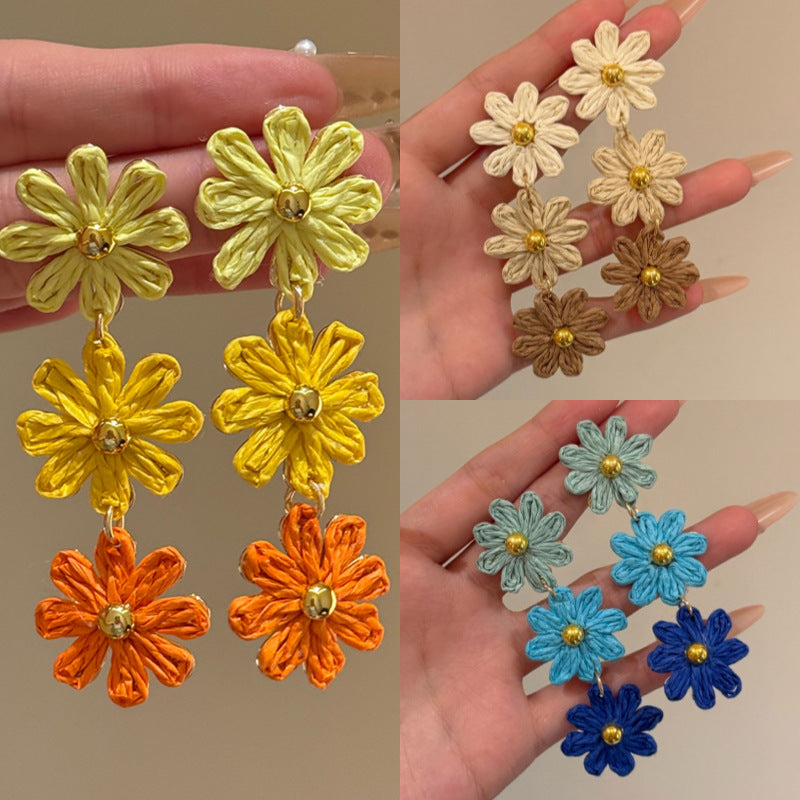 Colorful Straw Flower Holiday Tassel Earrings