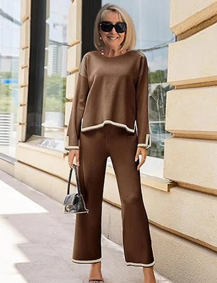 Contrasting Color Split-ended Long-sleeved Knitted Sweater High-waisted and Thin Wide-leg Pants and Trousers Two-piece Set