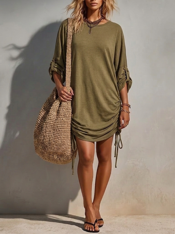 Women's Olive Green Cotton T-Shirt Dress With Side Ruched Drawstrings & Roll-Up Sleeves, Timeless Casual Beach Cover-Up MDZ2855D5LYL