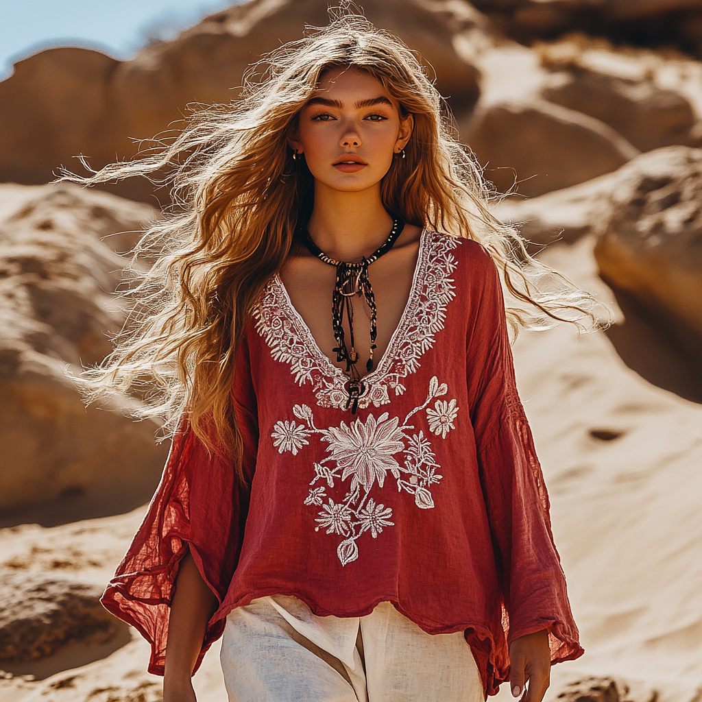 Desert Style Holiday Bohemian Vintage Linen Casual Top