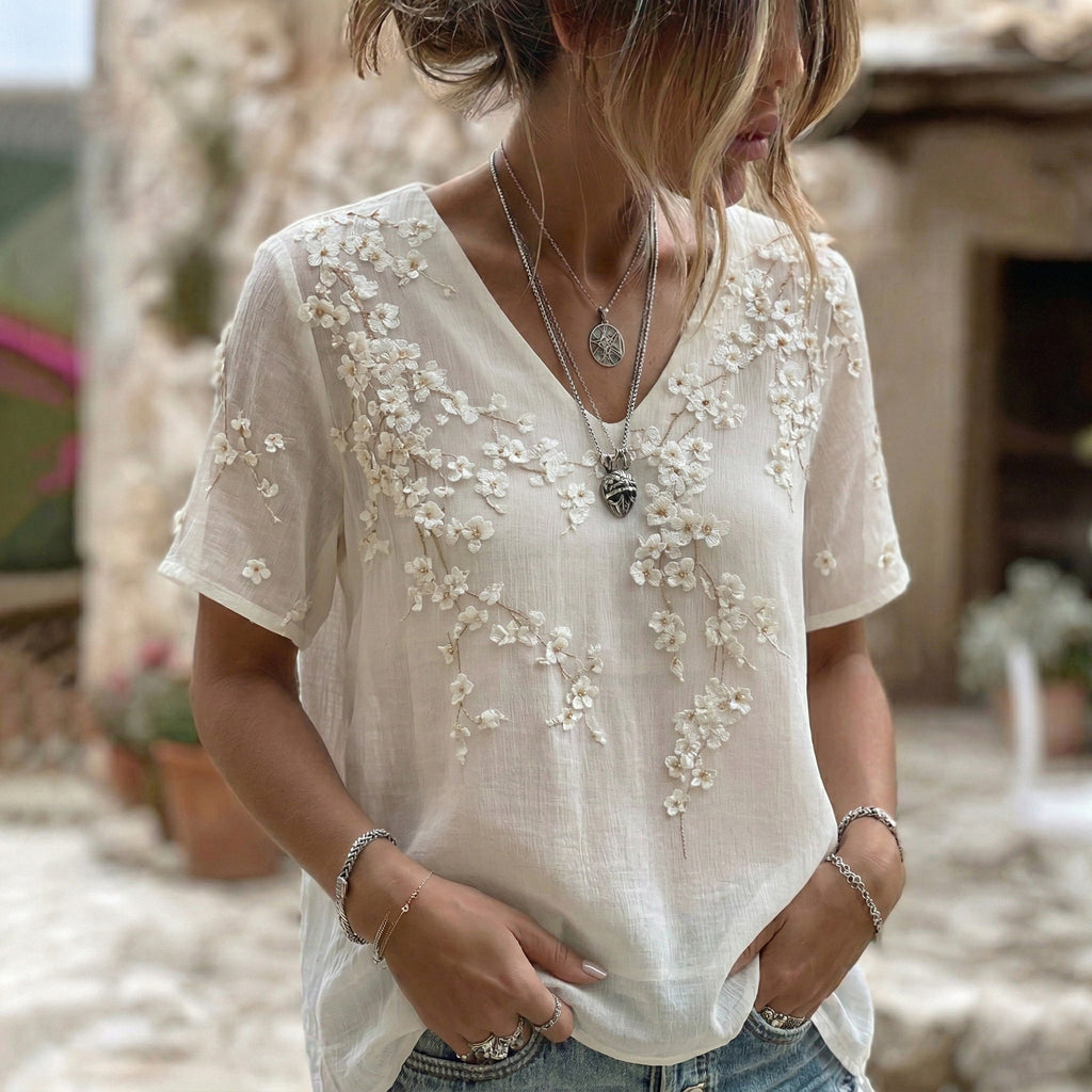 Women's Vintage Floral Art V Neck Short Sleeve Linen Blend T-shirt