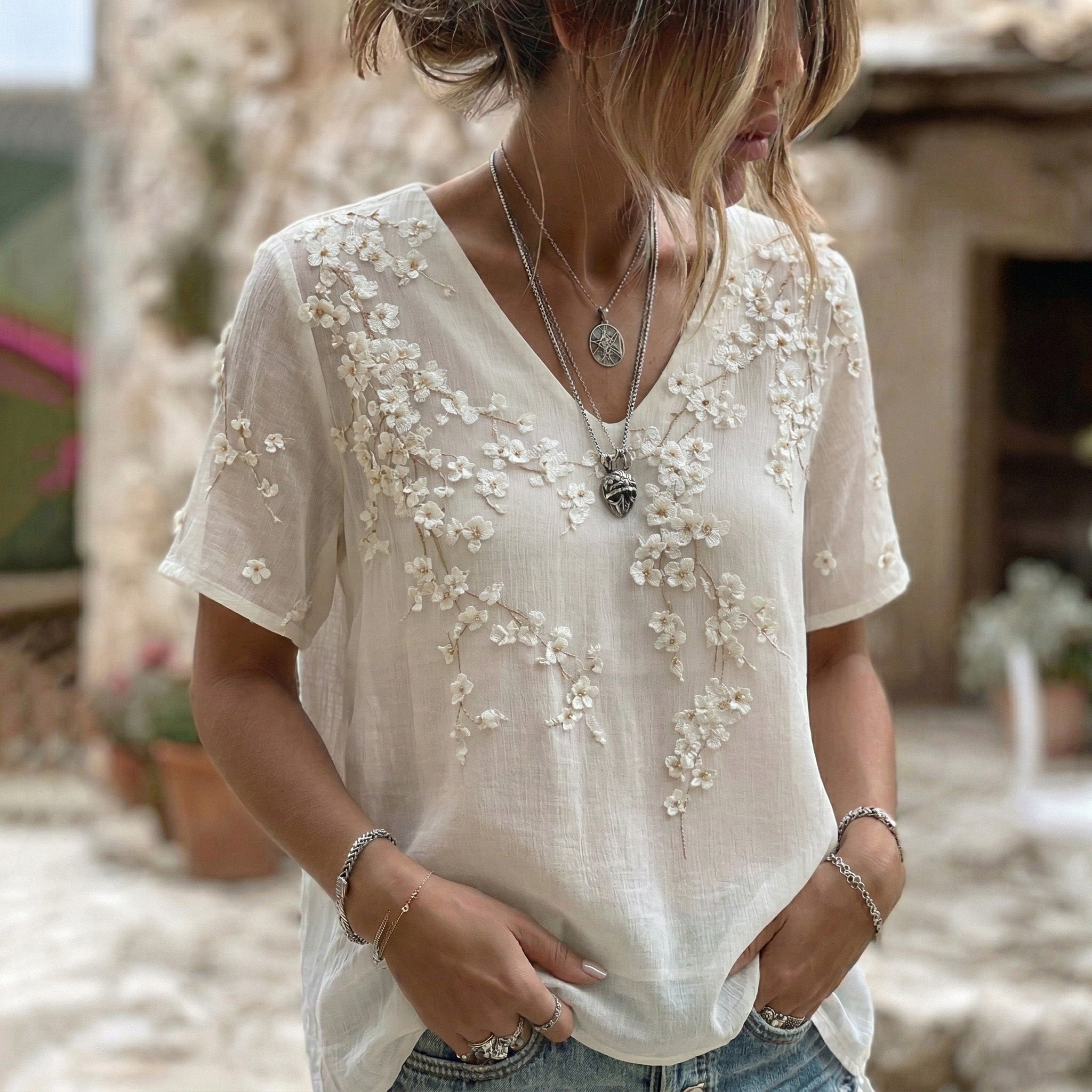 Women's Vintage Floral Art V Neck Short Sleeve Linen Blend T-shirt
