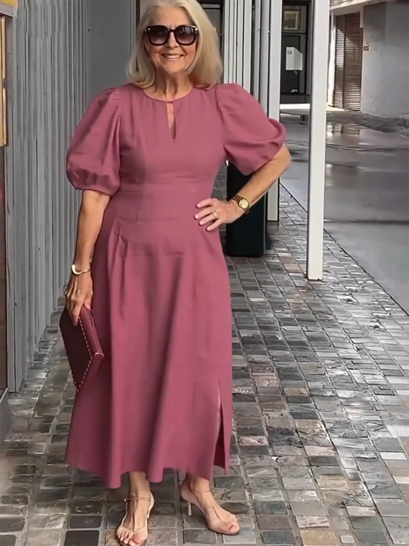 Evening Dress Formal Dress Solid Color Loose-Fitting Casual Round-Neck Small Lantern Sleeves