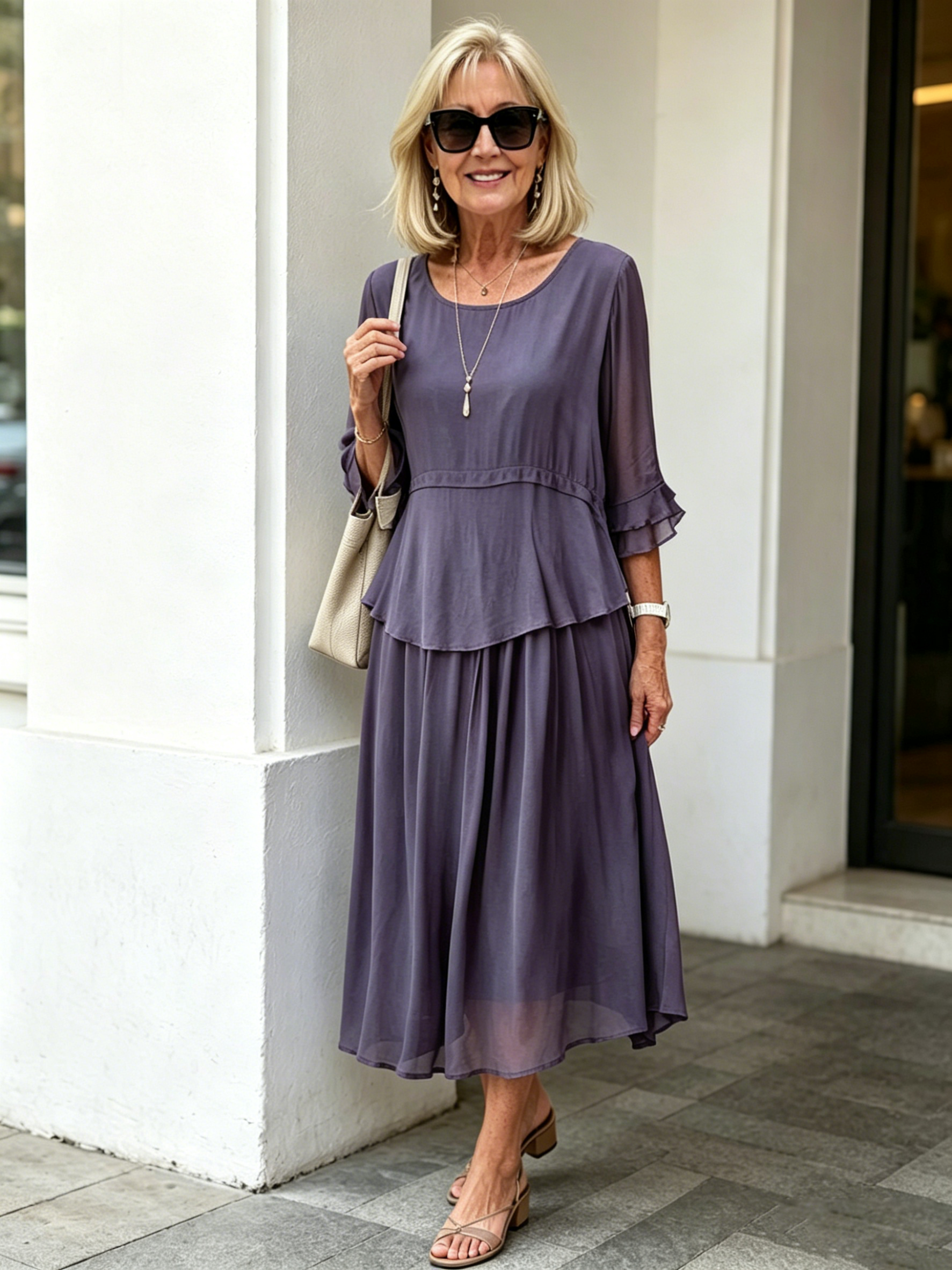 Purple Fake Two-Piece Tiered Chiffon Midi Dress, Round Neck Ruffle 3/4 Sleeve Loose Tummy Concealing Age-Reducing Dress for Mature Women