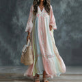 Women's Floral Art Embroidered Linen Blend V Neck Long Sleeve Dress