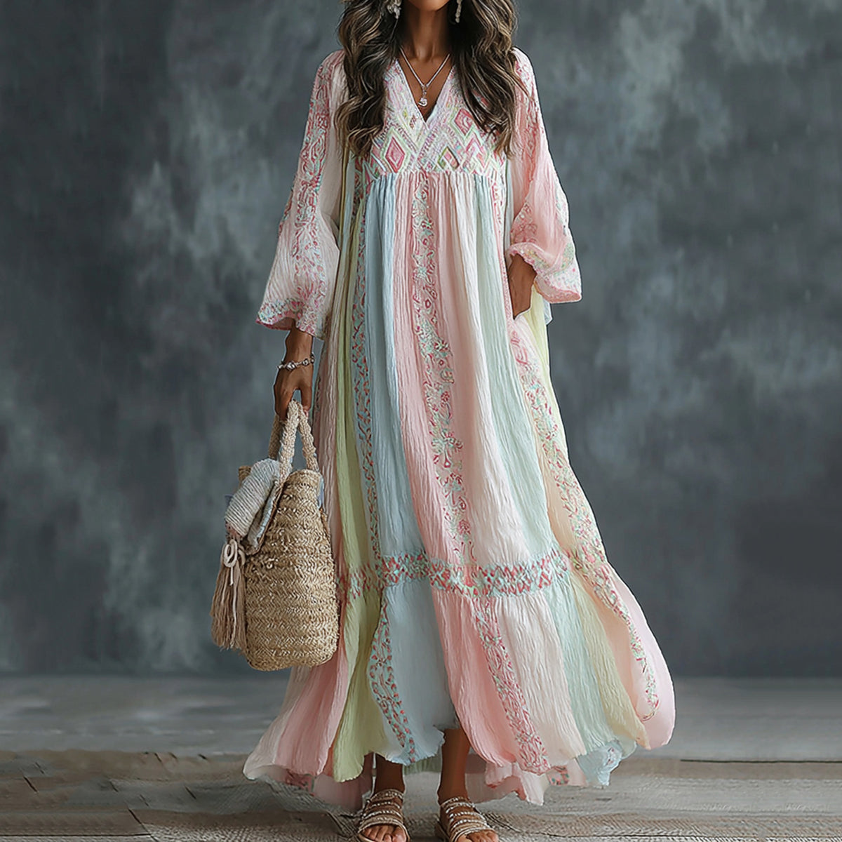 Women's Floral Art Embroidered Linen Blend V Neck Long Sleeve Dress