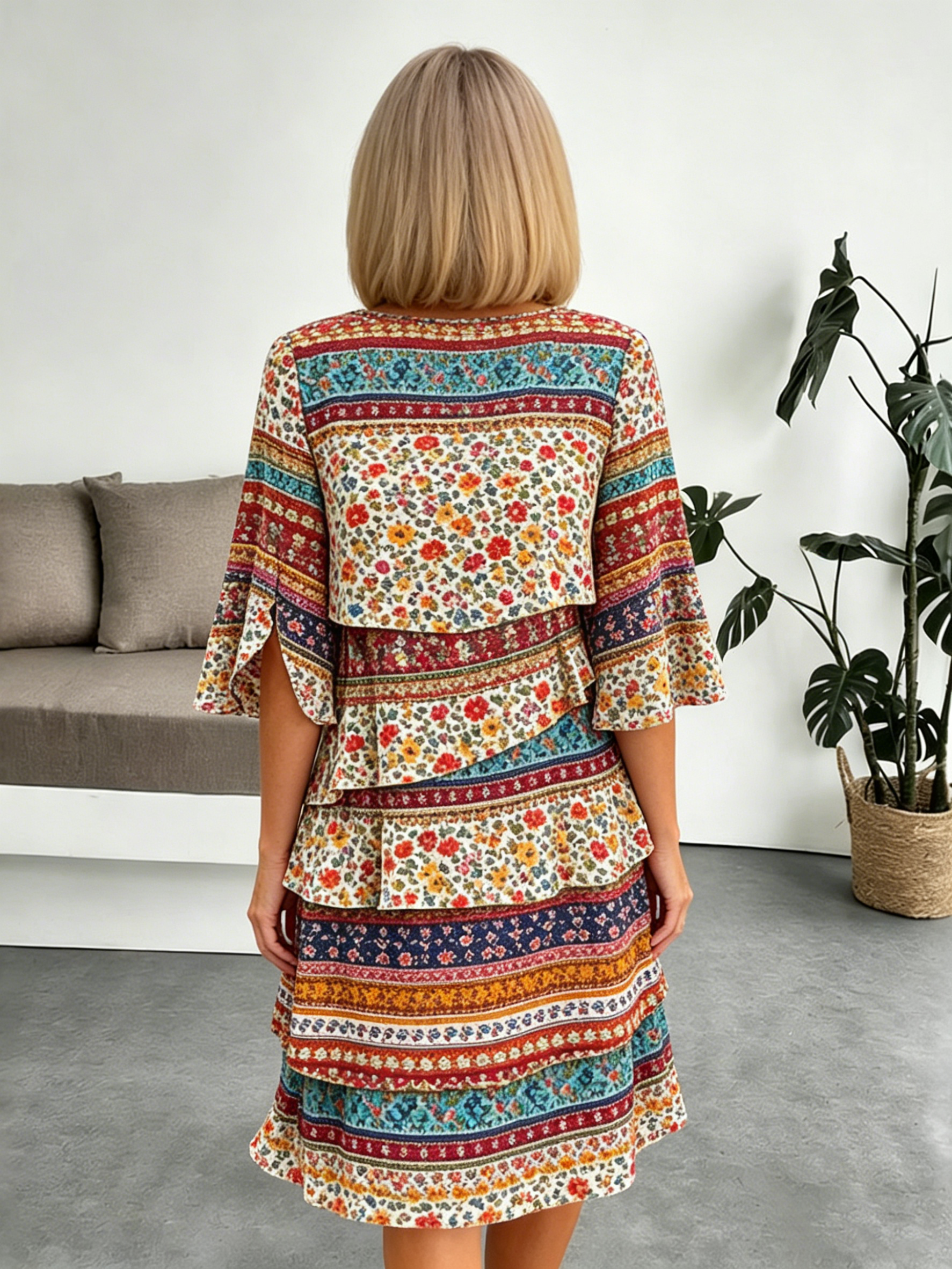 Chiffon Paisley Vacation Prints Color Round Neck Cake Skirt Splicing Dress Mid-length