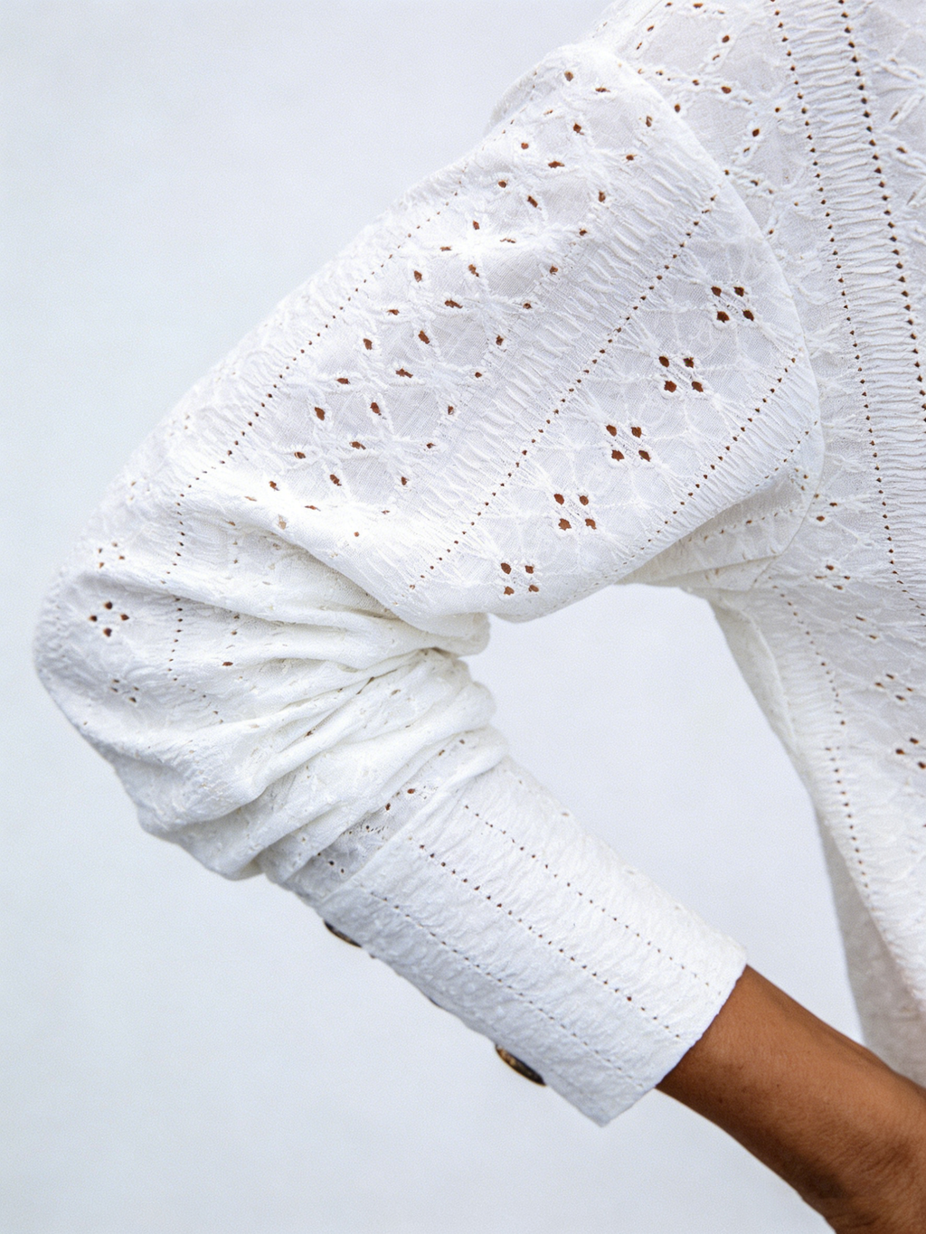 Textured Fabric Casual V-Neck Long Sleeve Button Hollow Lace Embroidered Shirt