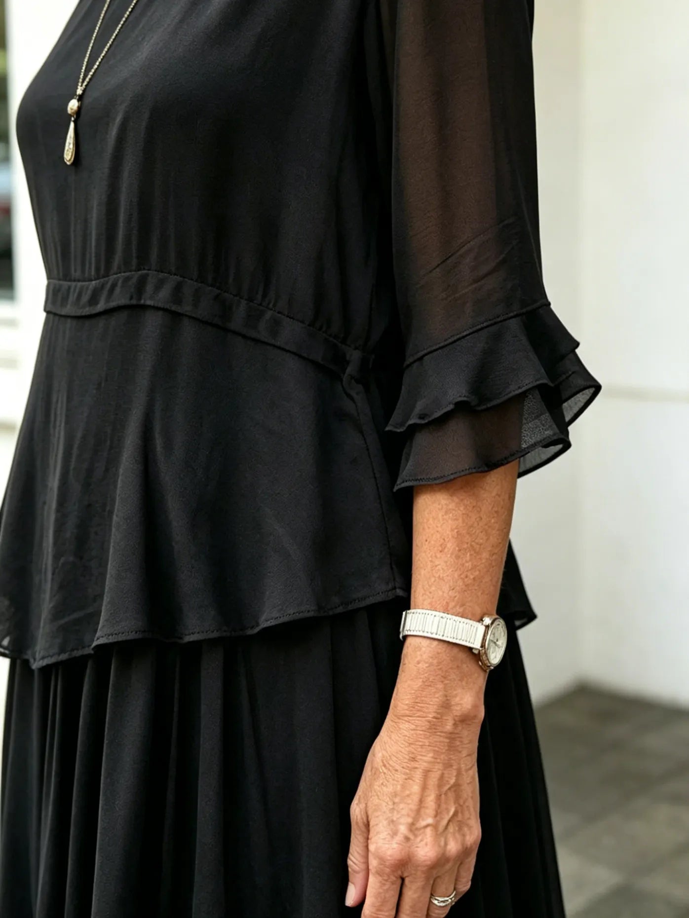 Purple Fake Two-Piece Tiered Chiffon Midi Dress, Round Neck Ruffle 3/4 Sleeve Loose Tummy Concealing Age-Reducing Dress for Mature Women