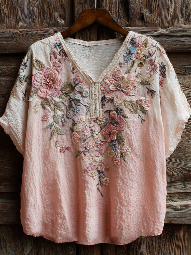 Vintage Pink Floral Art Embroidery Washed Short Sleeve V-neck Top