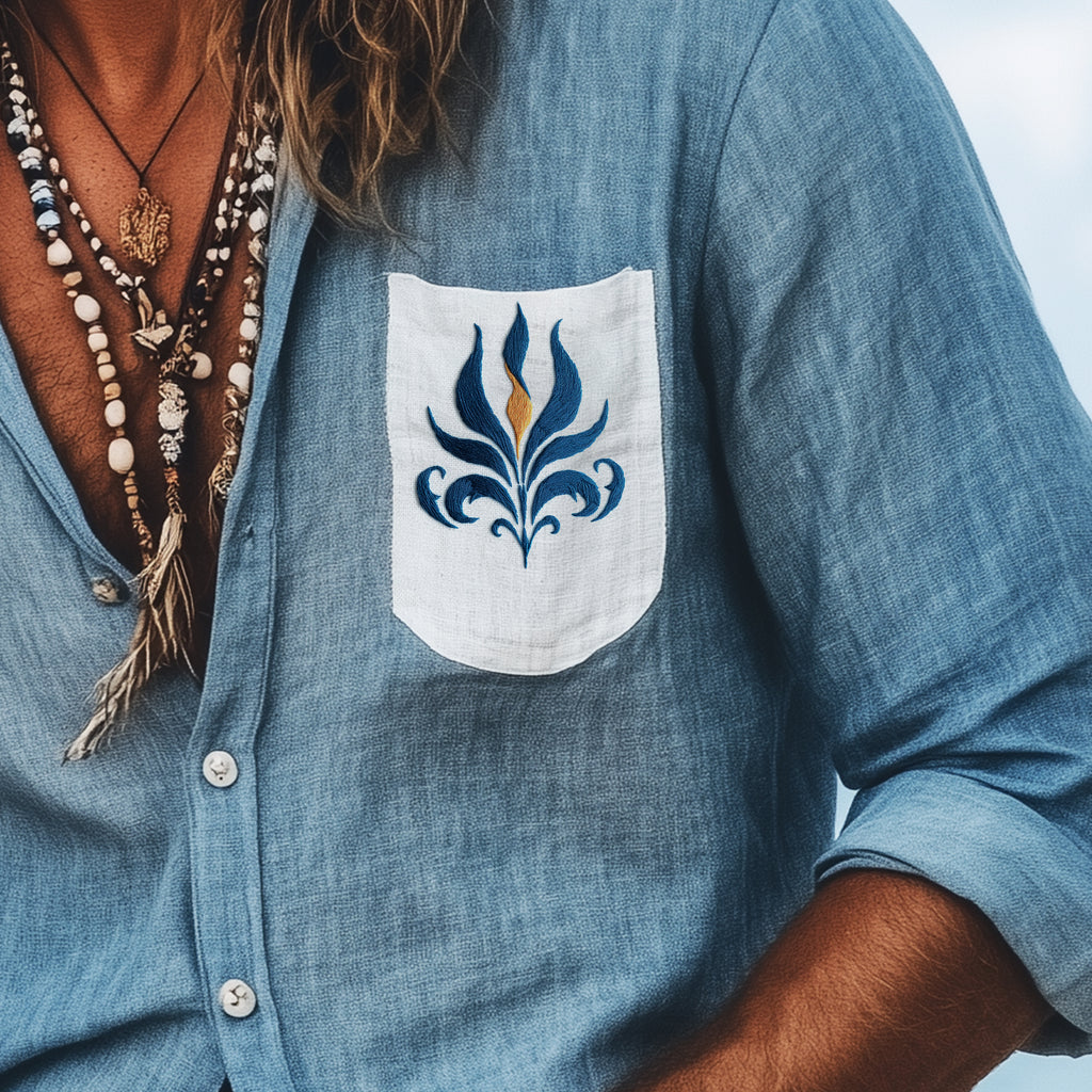 Men's Casual Retro Cotton And Linen Embroidered Shirt