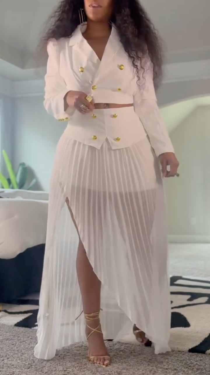 White Blazer Pleated Maxi Skirt Suit