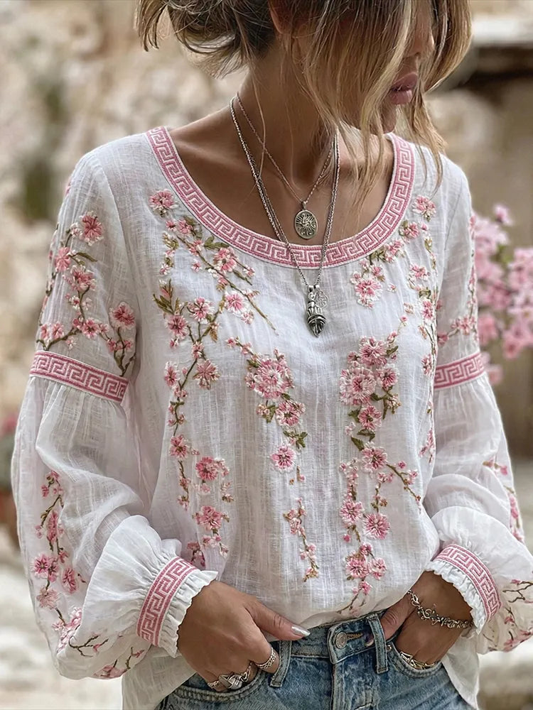 Women's Japanese Flower Art Crew Neck Linen Blend T-shirt