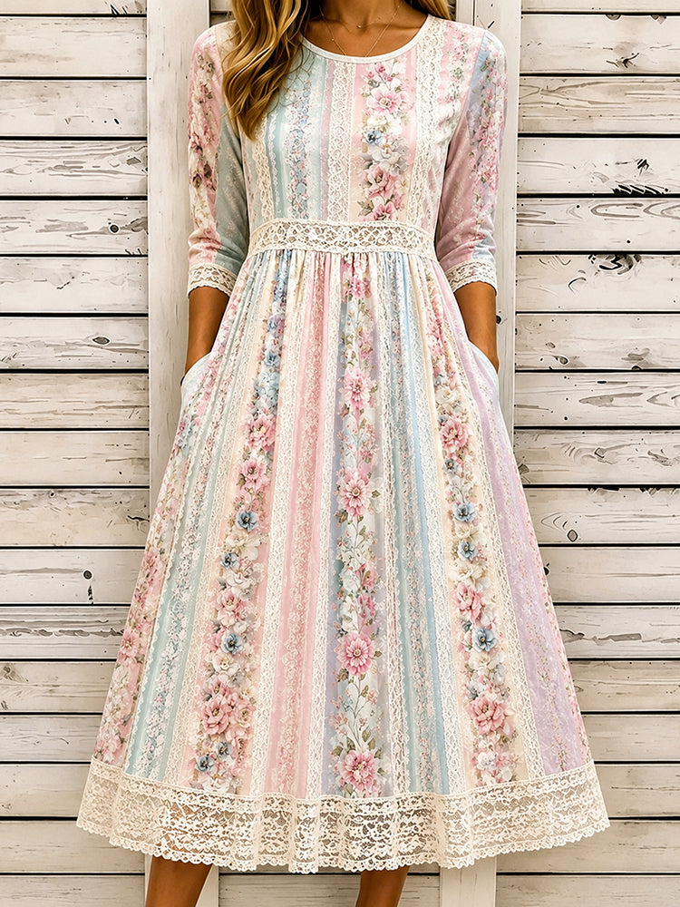 Women's Vintage Floral Patchwork Art Round Neck Midi Dress