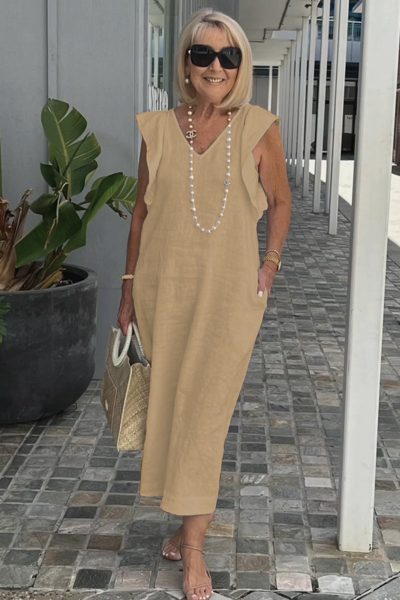 Casual Dress with Ruffle Sleeves,Back Adjustment Rope,Deep Pockets,Pure White Formal Dress, Evening Dress