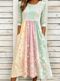 Women's Pink Floral Vine 3d Art Embroidery Patchwork Cotton Linen Distressed Round Neck Mid-sleeve Dress