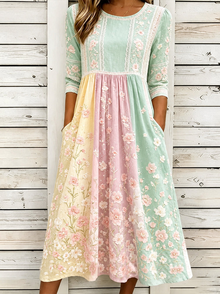 Women's Pink Floral Vine 3d Art Embroidery Patchwork Cotton Linen Distressed Round Neck Mid-sleeve Dress
