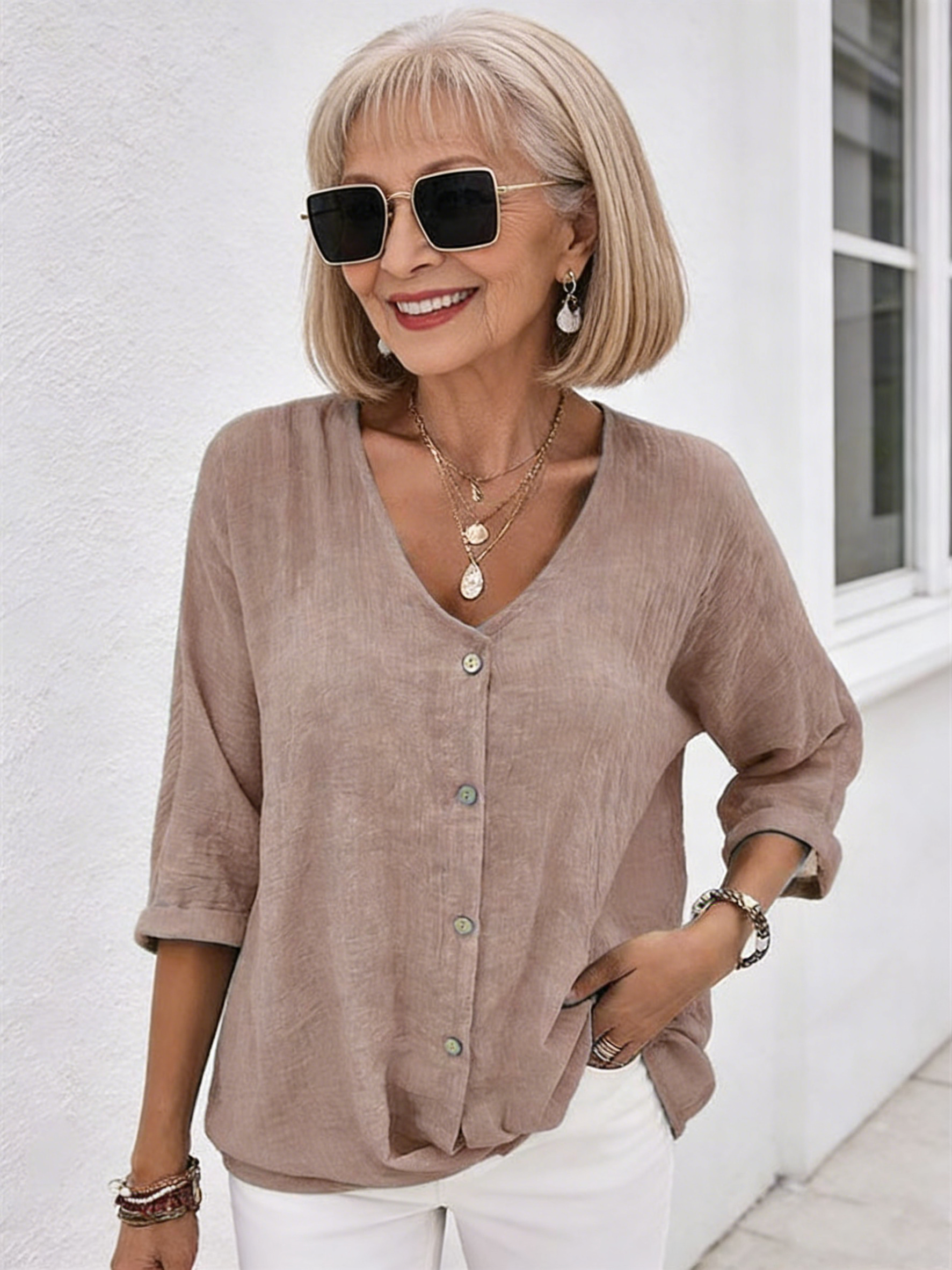 Cotton and Linen V-neck Button-up Chiffon Cardigan Long Sleeves