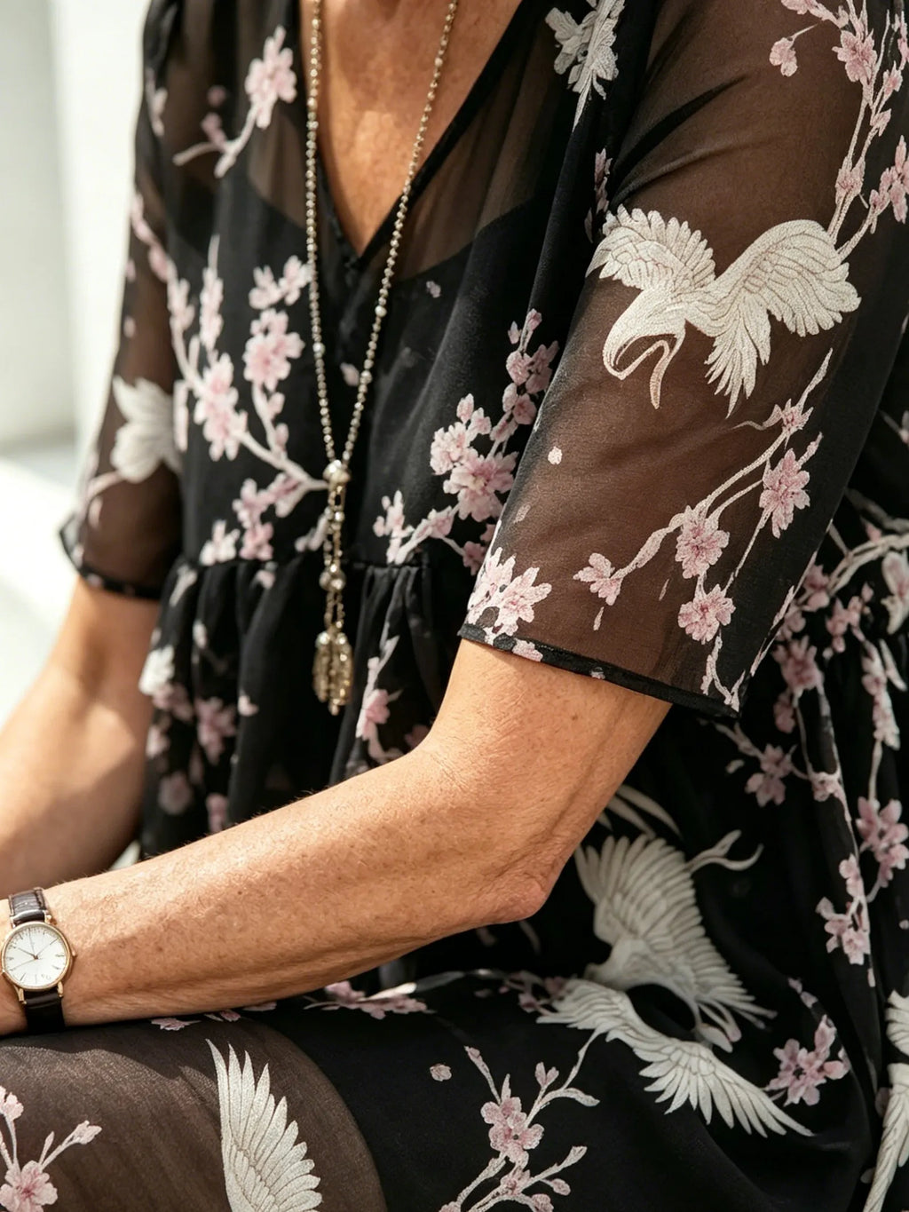 Blush Pink Floral Chiffon Maxi Dress, Round Neck Short Sleeve Loose Tummy Concealing Age-Reducing Dress for Mature Women