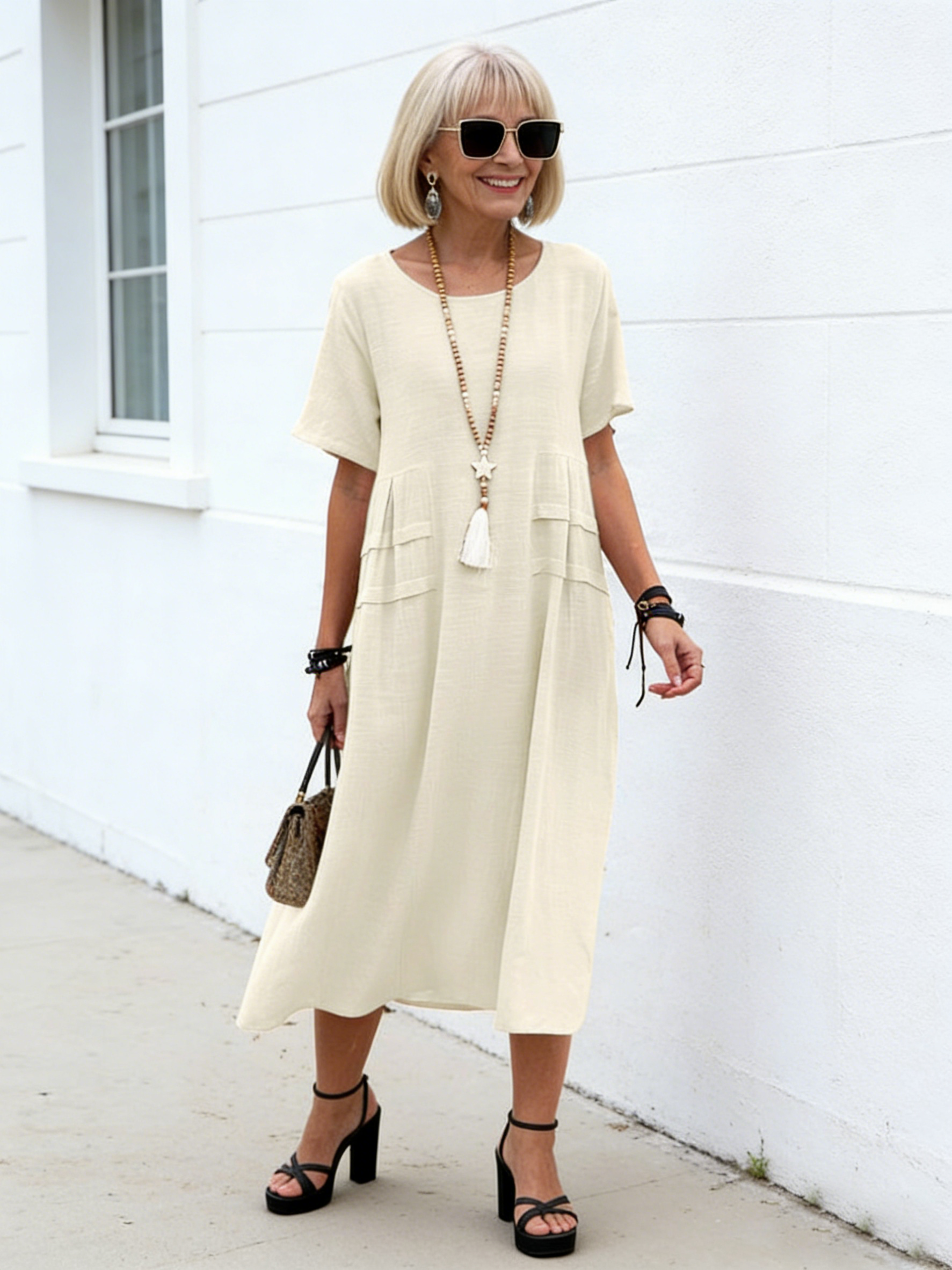Plus Size Loose Casual Cotton and Linen Solid Color Round Neck Short-sleeved Medium and Long Dress
