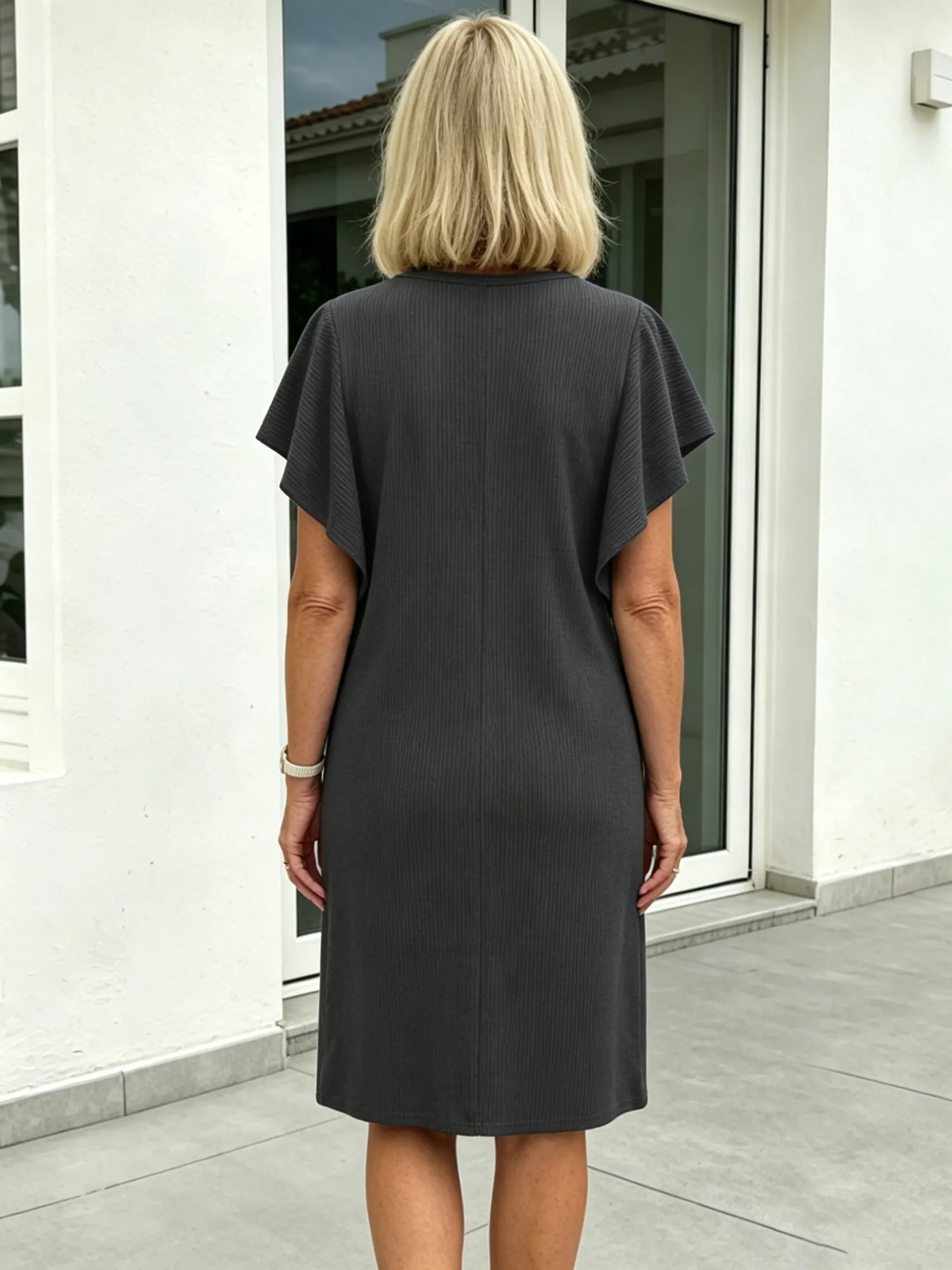 Women's Clothing Contrasting Color Twist Strip Lotus Leaf Sleeve Medium and Long Dress