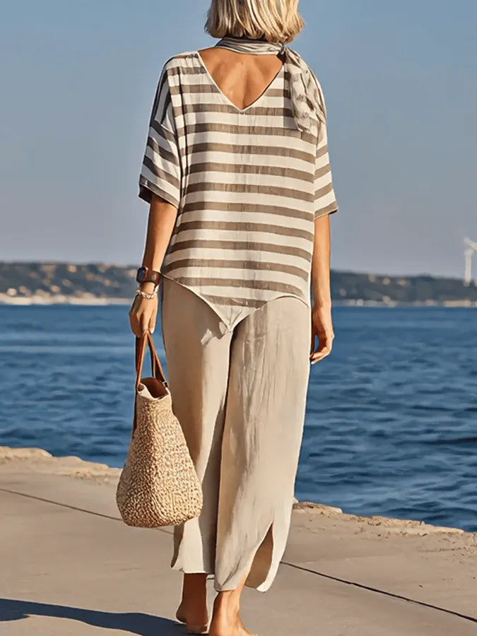 Women'S Loose Slit Contrast Striped Pants Set