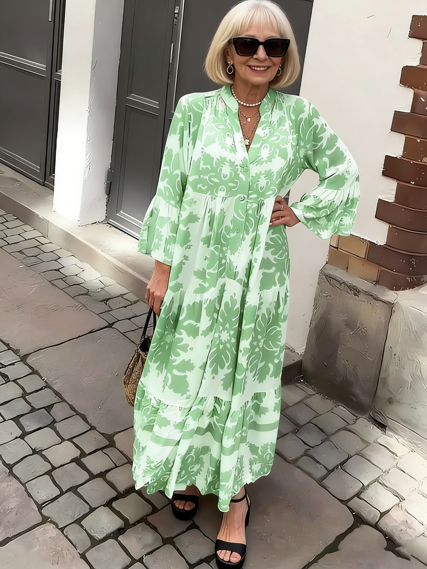 Stand-up Collar Flared Sleeves Printed Casual Dress