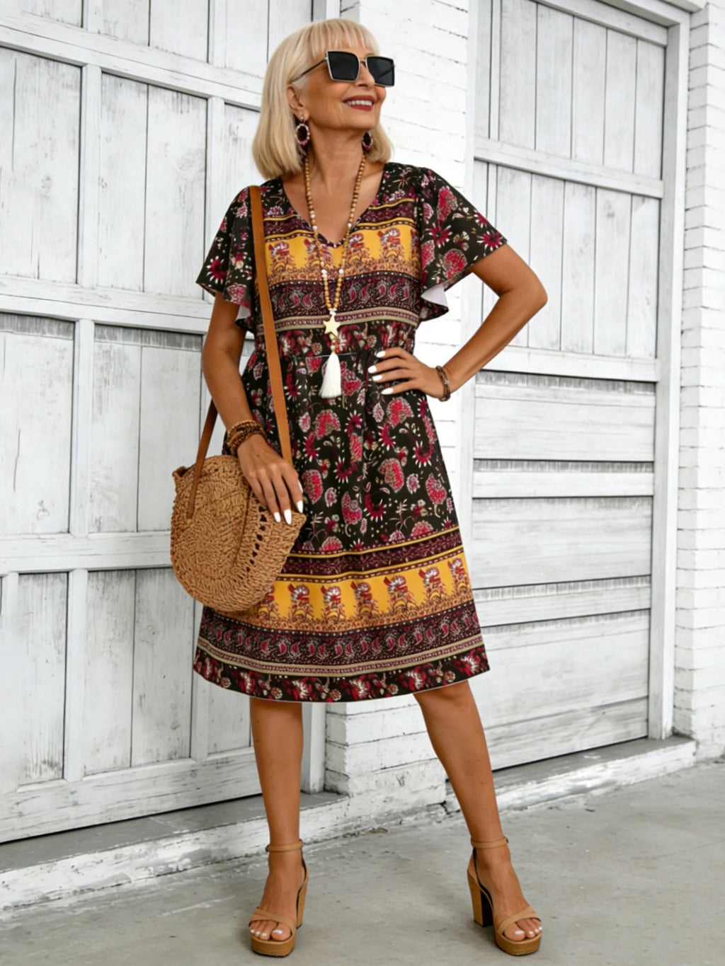 BOHO Floral Print Short-sleeved Pullover Round Neck Casual Medium-length Dress