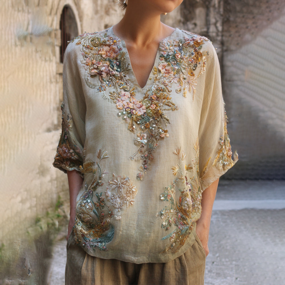 Bohemian Style Three-dimensional Small Floral Sequin Casual Vintage Silent Green Short-sleeved Shirt