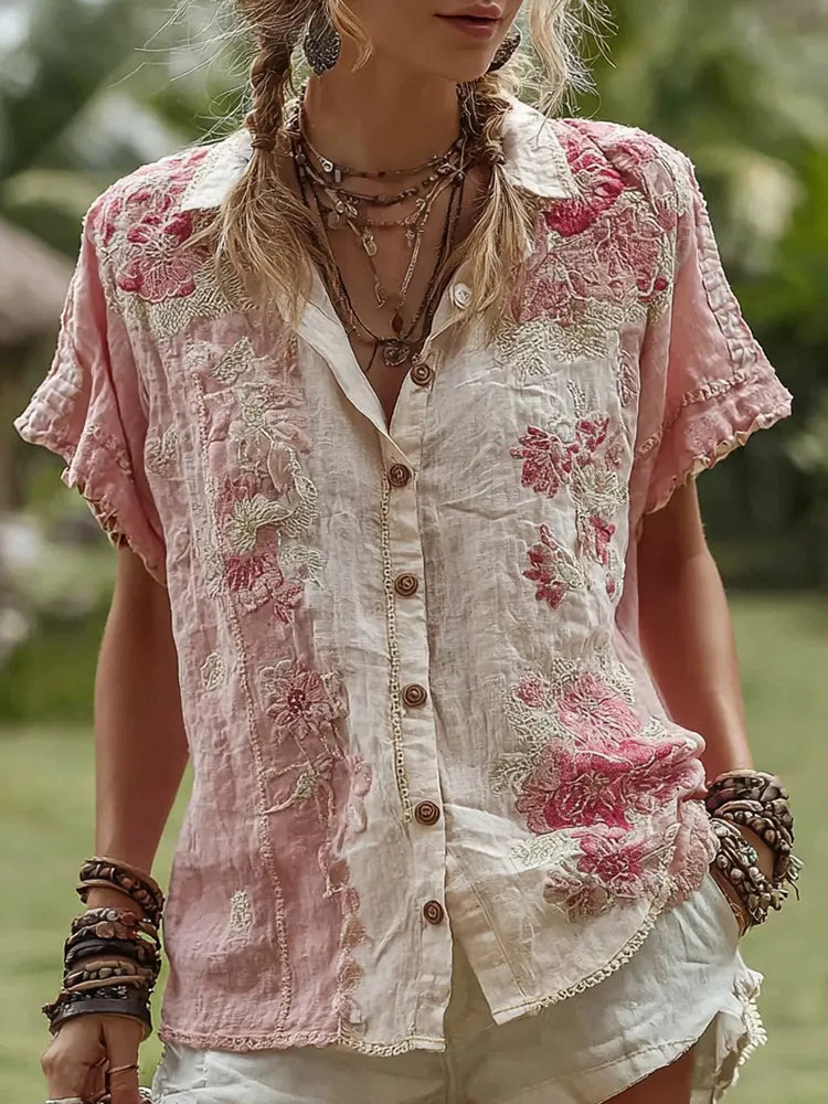 Women's Vintage Floral Art Contrast Short Sleeve Shirt