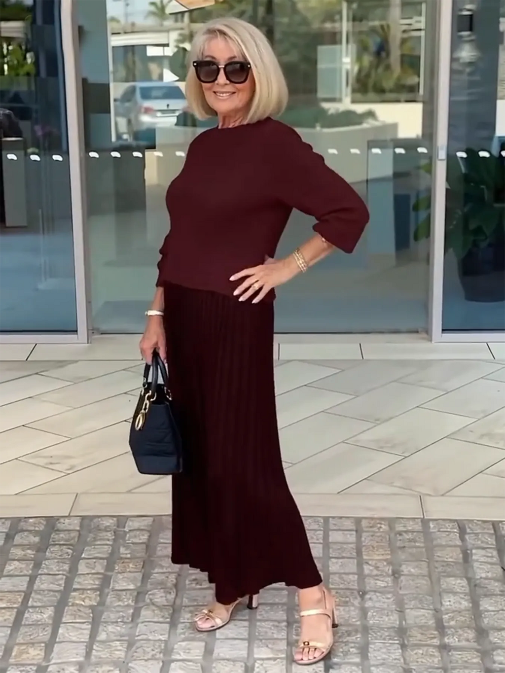 Knitted Long-sleeved Splicing Pleated Dress