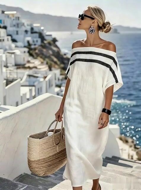 Women'S Casual Color-Block Cotton And Linen Dress