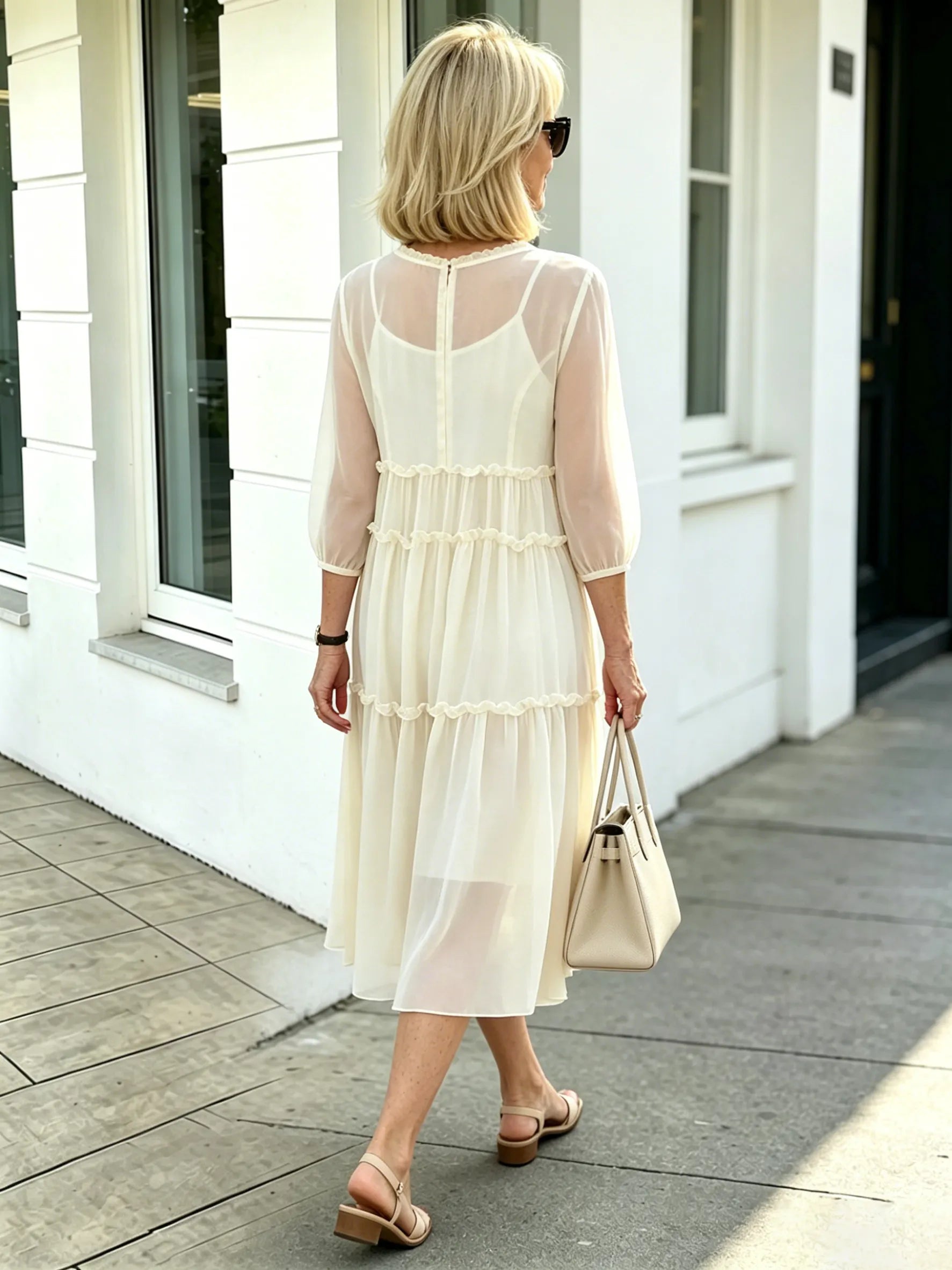 Light Blue Tiered Ruffle Chiffon Midi Dress, Round Neck Flutter Short Sleeve Loose Plus Size Elegant Women Dress
