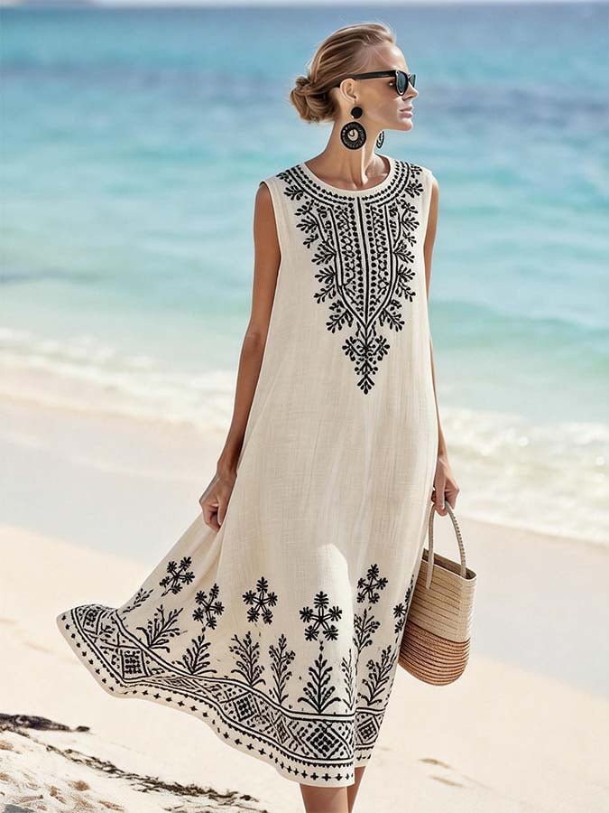 Women'S Round Neck Sleeveless Color-Block Printed Dress