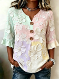 Colorful Color Design Flower Pattern Casual Linen Top